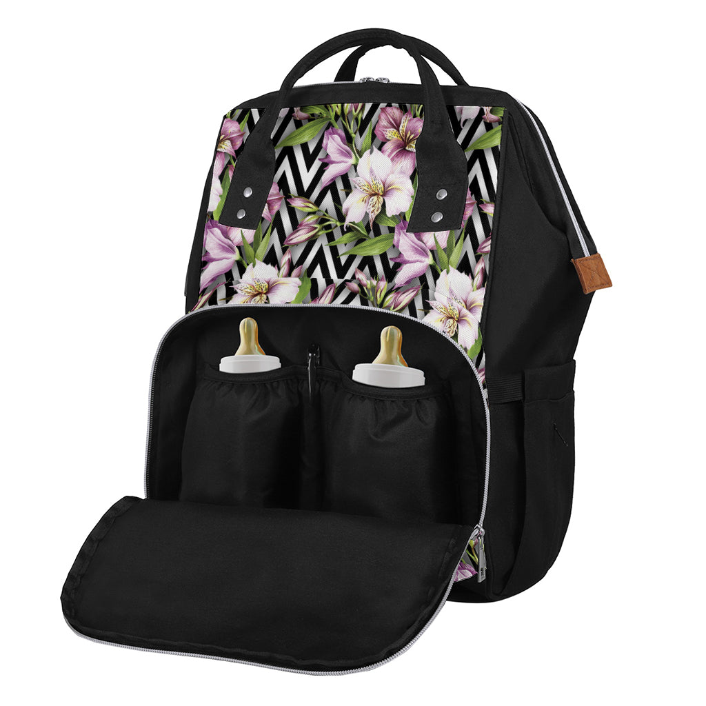 Purple Alstroemeria Zigzag Pattern Print Diaper Bag