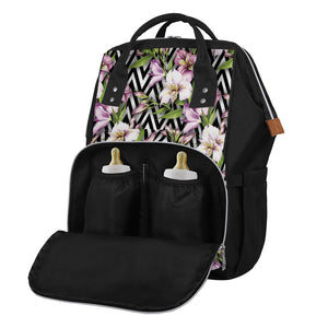 Purple Alstroemeria Zigzag Pattern Print Diaper Bag