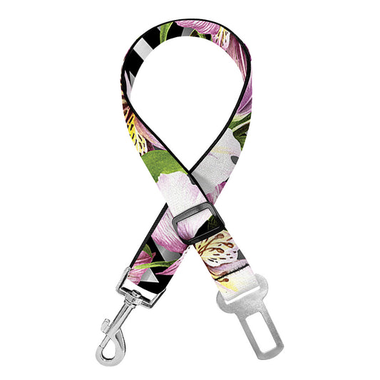 Purple Alstroemeria Zigzag Pattern Print Dog Seat Belt