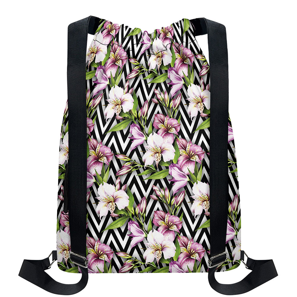 Purple Alstroemeria Zigzag Pattern Print Drawstring Backpack