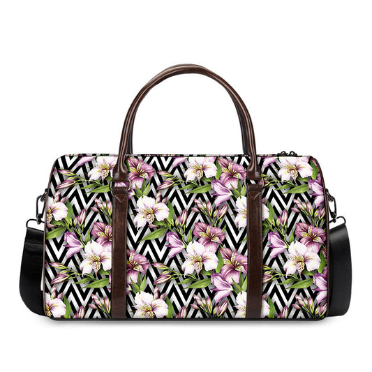 Purple Alstroemeria Zigzag Pattern Print Duffle Bag