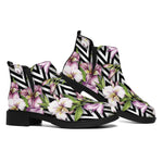 Purple Alstroemeria Zigzag Pattern Print Flat Ankle Boots