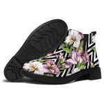 Purple Alstroemeria Zigzag Pattern Print Flat Ankle Boots