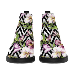 Purple Alstroemeria Zigzag Pattern Print Flat Ankle Boots