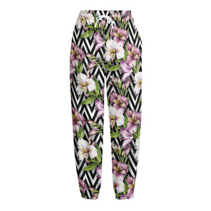 Purple Alstroemeria Zigzag Pattern Print Fleece Lined Knit Pants