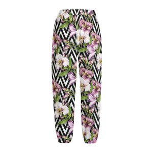 Purple Alstroemeria Zigzag Pattern Print Fleece Lined Knit Pants