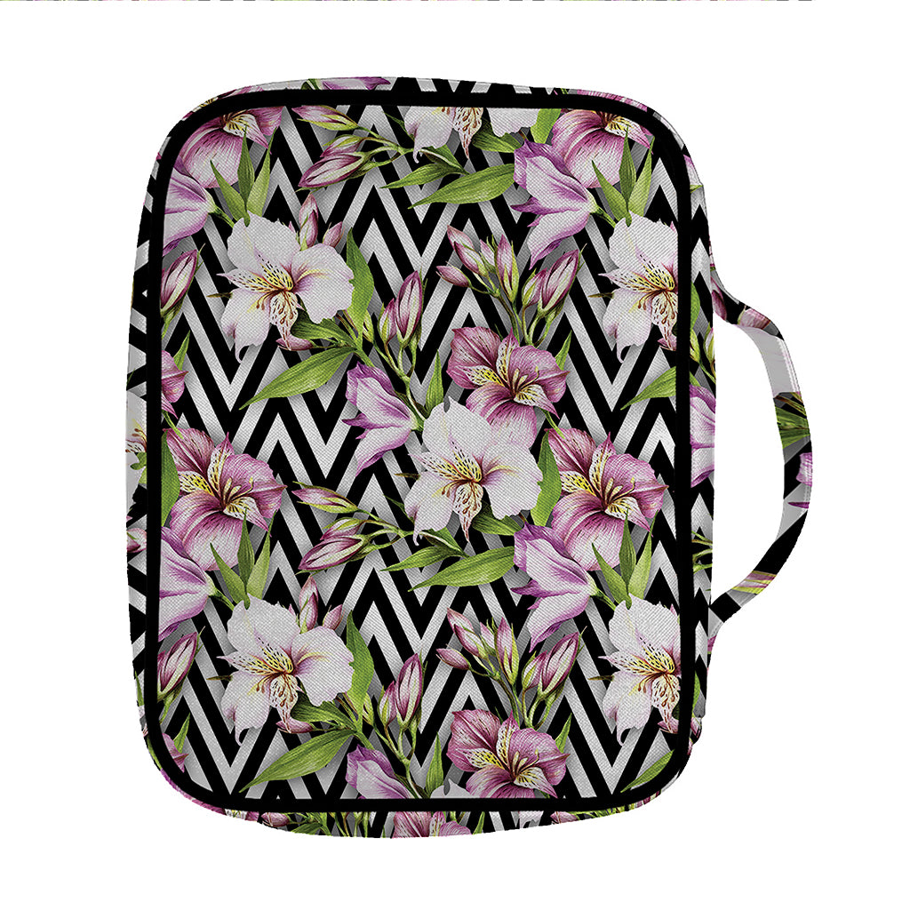 Purple Alstroemeria Zigzag Pattern Print Front Pocket Bible Bag