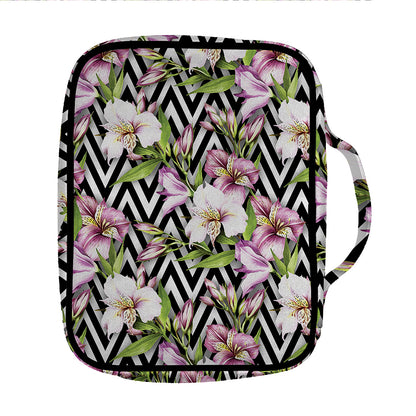 Purple Alstroemeria Zigzag Pattern Print Front Pocket Bible Bag