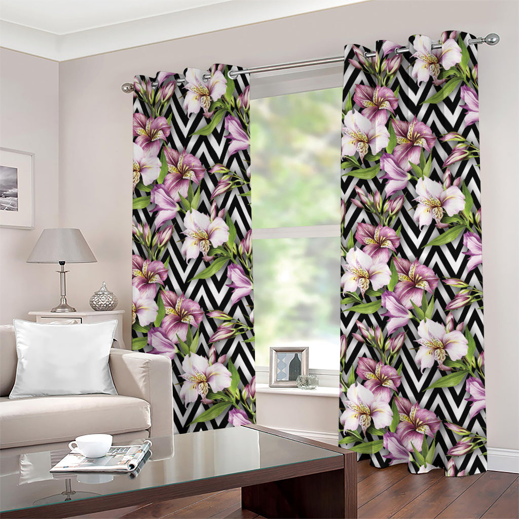 Purple Alstroemeria Zigzag Pattern Print Grommet Curtains