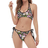 Purple Alstroemeria Zigzag Pattern Print Halter Scoop Tie Side Bikini