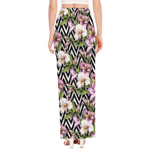 Purple Alstroemeria Zigzag Pattern Print High Slit Maxi Skirt