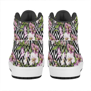 Purple Alstroemeria Zigzag Pattern Print High Top Leather Sneakers