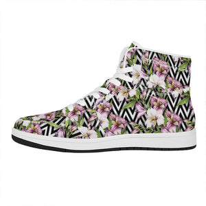 Purple Alstroemeria Zigzag Pattern Print High Top Leather Sneakers