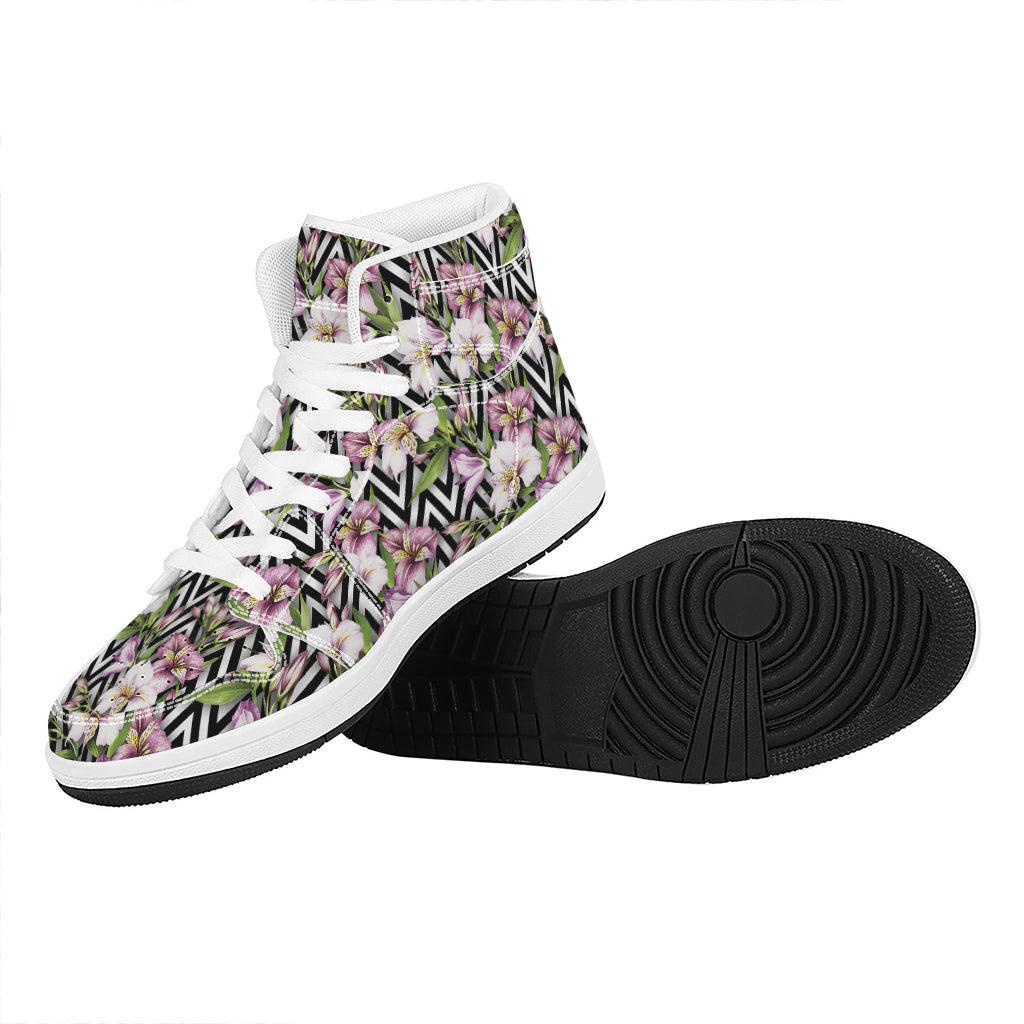 Purple Alstroemeria Zigzag Pattern Print High Top Leather Sneakers