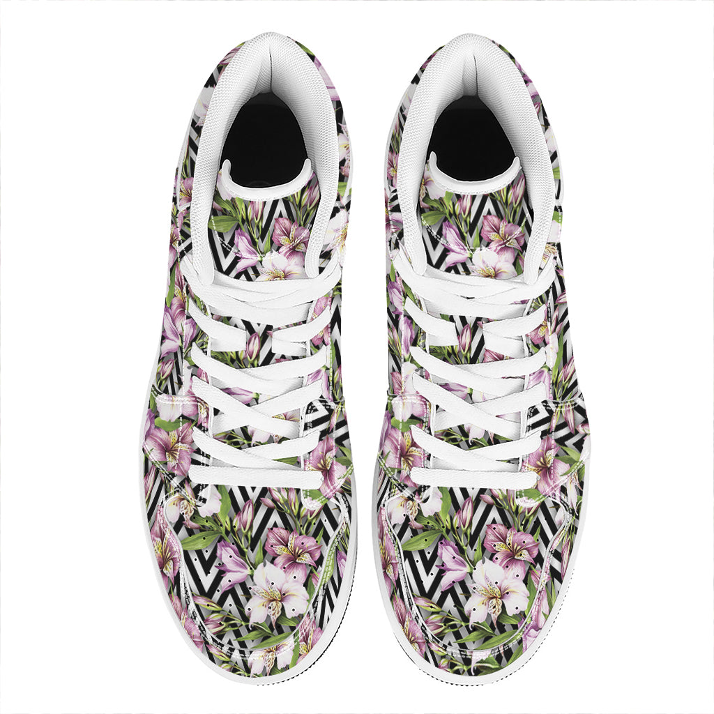 Purple Alstroemeria Zigzag Pattern Print High Top Leather Sneakers