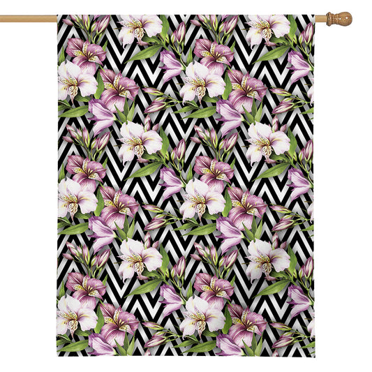 Purple Alstroemeria Zigzag Pattern Print House Flag
