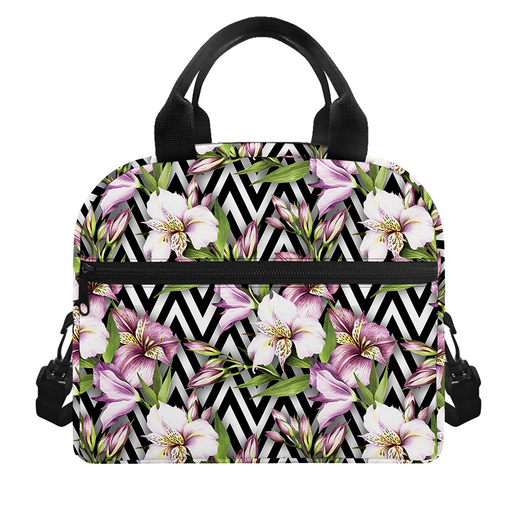 Purple Alstroemeria Zigzag Pattern Print Insulated Lunch Bag
