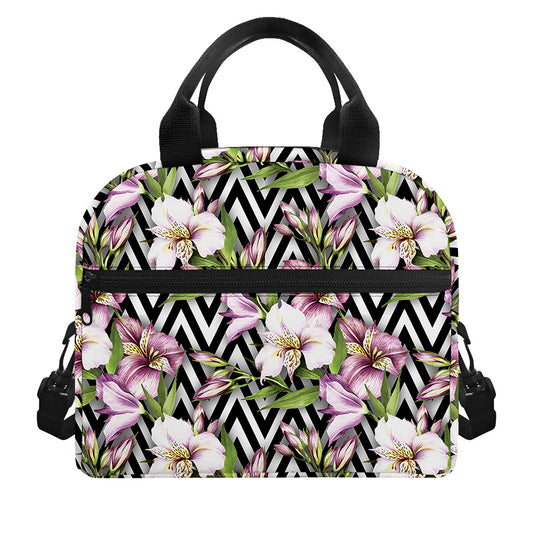 Purple Alstroemeria Zigzag Pattern Print Insulated Lunch Bag