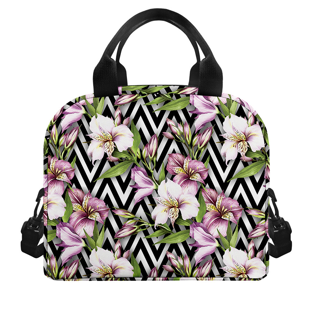 Purple Alstroemeria Zigzag Pattern Print Insulated Lunch Bag
