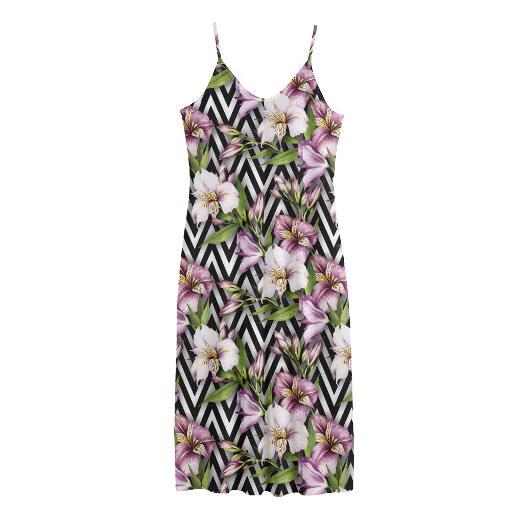 Purple Alstroemeria Zigzag Pattern Print Jersey Midi Cami Dress