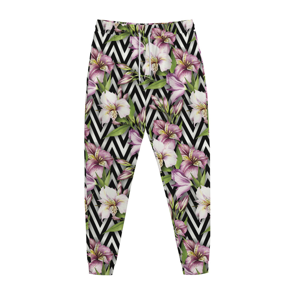 Purple Alstroemeria Zigzag Pattern Print Jogger Pants