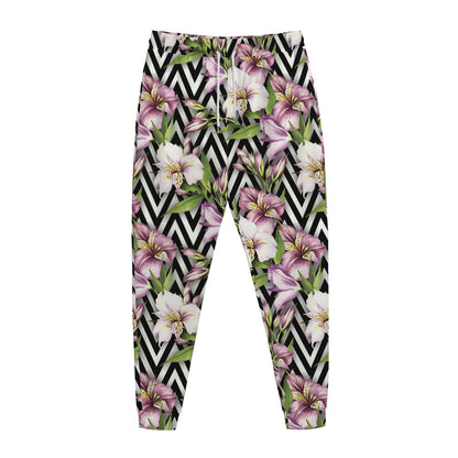Purple Alstroemeria Zigzag Pattern Print Jogger Pants