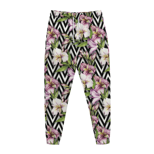 Purple Alstroemeria Zigzag Pattern Print Jogger Pants