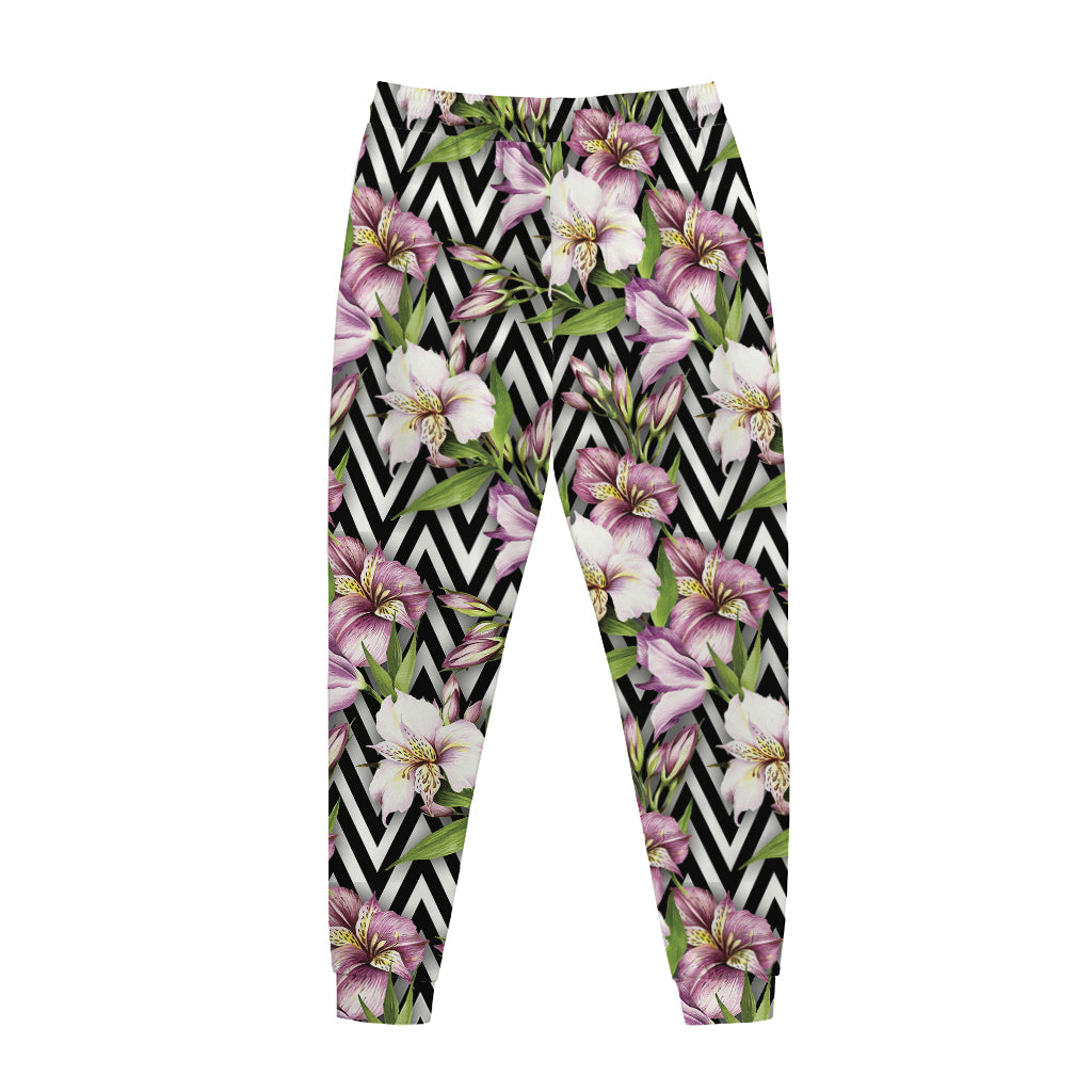 Purple Alstroemeria Zigzag Pattern Print Jogger Pants