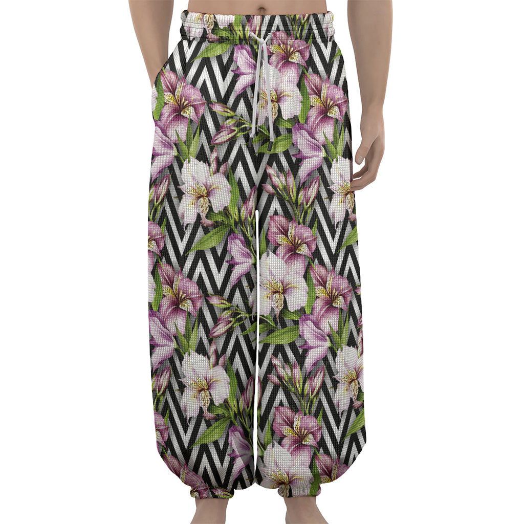 Purple Alstroemeria Zigzag Pattern Print Lantern Pants