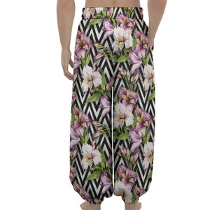 Purple Alstroemeria Zigzag Pattern Print Lantern Pants