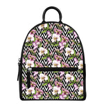 Purple Alstroemeria Zigzag Pattern Print Leather Backpack