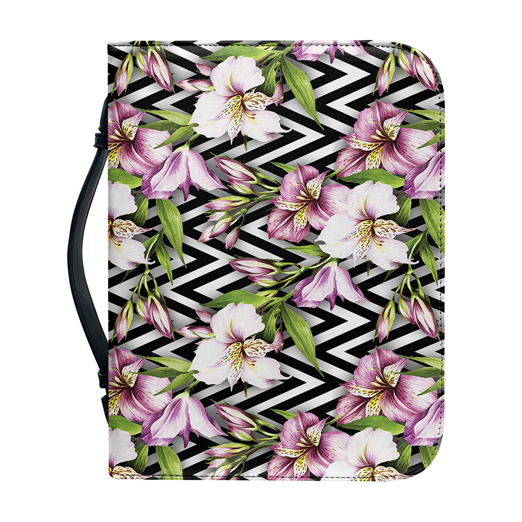 Purple Alstroemeria Zigzag Pattern Print Leather Bible Cover