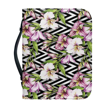 Purple Alstroemeria Zigzag Pattern Print Leather Bible Cover