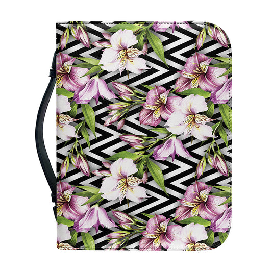 Purple Alstroemeria Zigzag Pattern Print Leather Bible Cover