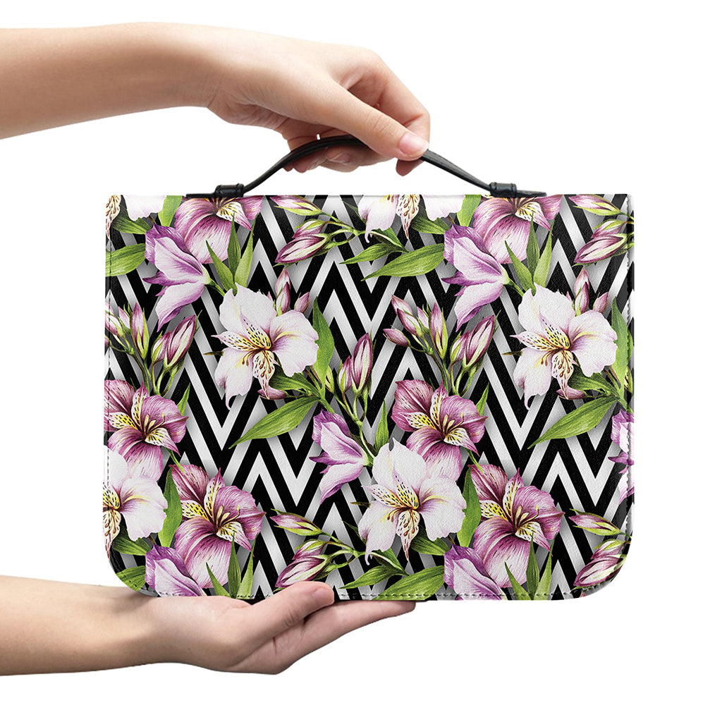 Purple Alstroemeria Zigzag Pattern Print Leather Bible Cover