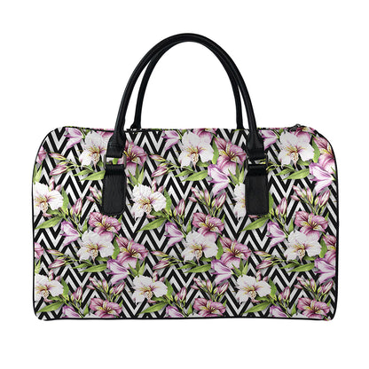Purple Alstroemeria Zigzag Pattern Print Leather Duffle Bag