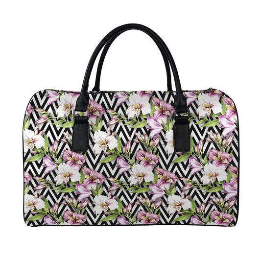 Purple Alstroemeria Zigzag Pattern Print Leather Duffle Bag