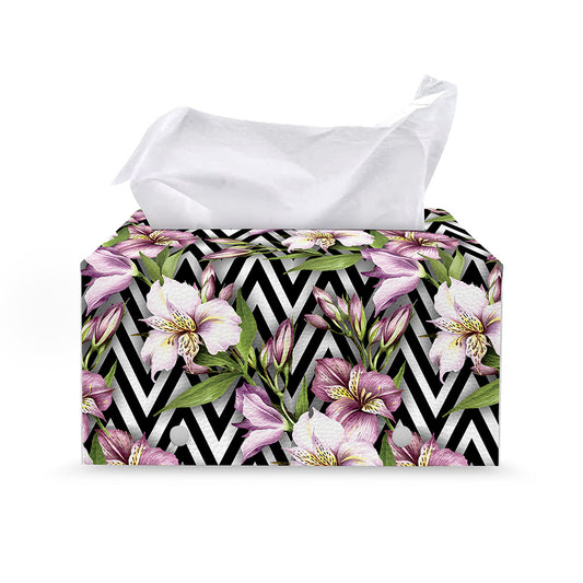 Purple Alstroemeria Zigzag Pattern Print Leather Tissue Box Cover