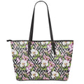 Purple Alstroemeria Zigzag Pattern Print Leather Tote Bag With Zipper