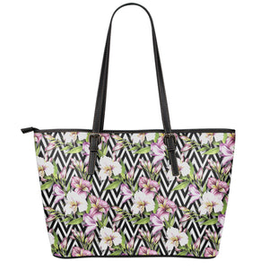 Purple Alstroemeria Zigzag Pattern Print Leather Tote Bag