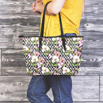 Purple Alstroemeria Zigzag Pattern Print Leather Tote Bag