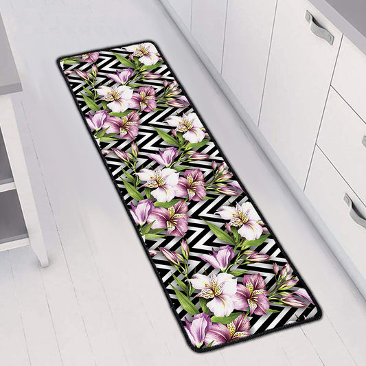 Purple Alstroemeria Zigzag Pattern Print Long Kitchen Mat