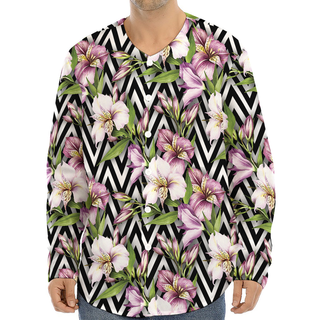 Purple Alstroemeria Zigzag Pattern Print Long Sleeve Baseball Jersey