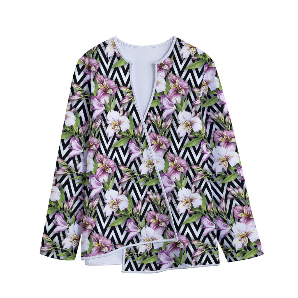 Purple Alstroemeria Zigzag Pattern Print Long Sleeve Short Coat