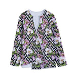 Purple Alstroemeria Zigzag Pattern Print Long Sleeve Short Coat