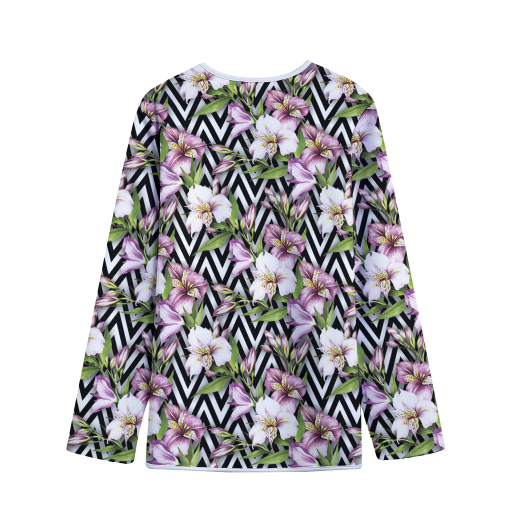 Purple Alstroemeria Zigzag Pattern Print Long Sleeve Short Coat