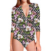 Purple Alstroemeria Zigzag Pattern Print Long Sleeve Swimsuit