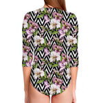 Purple Alstroemeria Zigzag Pattern Print Long Sleeve Swimsuit