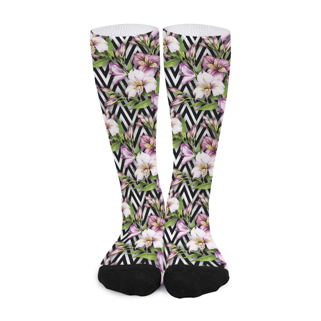 Purple Alstroemeria Zigzag Pattern Print Long Socks