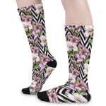 Purple Alstroemeria Zigzag Pattern Print Long Socks